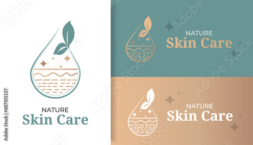 Nature Skincare  with sparkling skin  and leave logo design  template 