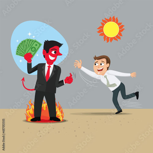 Businessman who wants money make a deal demon. Concept of deal with devil.illustration vector eps10 cartoon. 