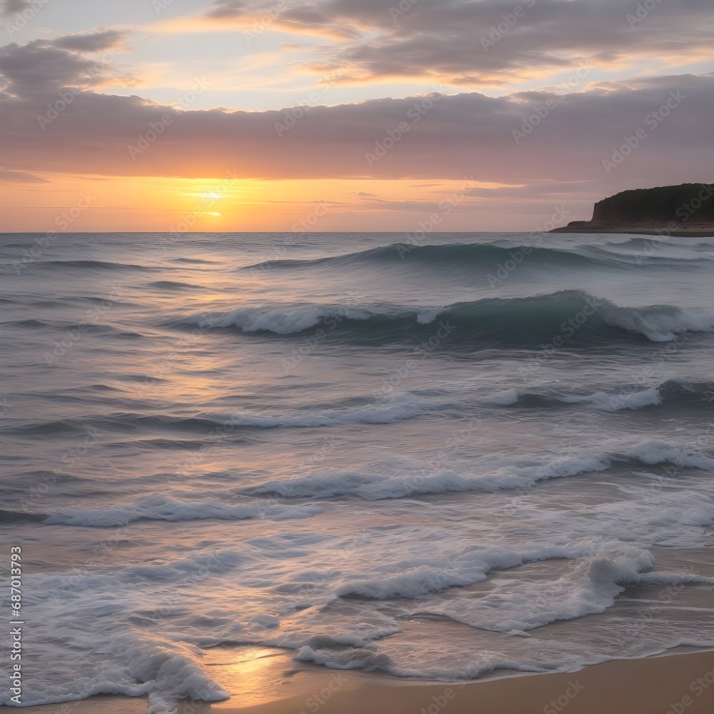a sunset sea, a roiling waves, a soft sandy beach