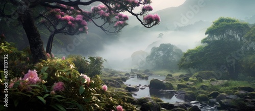 Misty Nepalese morning with mossy rhododendrons. photo