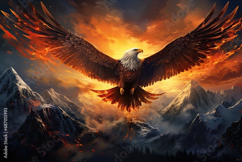 A large eagle with outstretched wings in the mountains against the background of the bright sun.