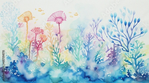 abstract watercolor underwater with coral plant and fish for background template © fledermausstudio