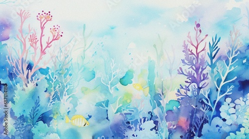 abstract watercolor underwater with coral plant and fish for background template