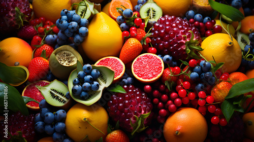 An overhead view of a variety of ripe  whole fruits waiting to be transformed into a refreshing medley.  Colorful background  drawing of an assortment of fruits and berries.  