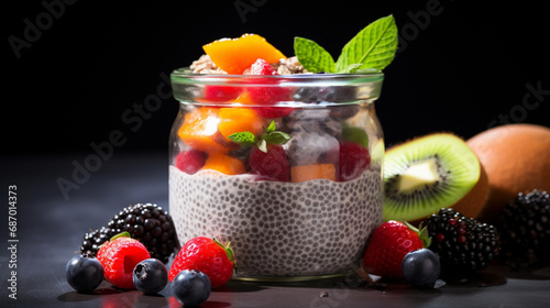 Chia pudding with fresh fruits salad with berries