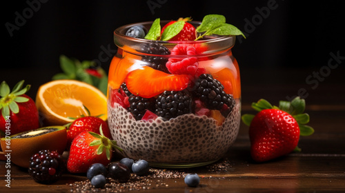 Chia pudding with fresh fruits salad with berries