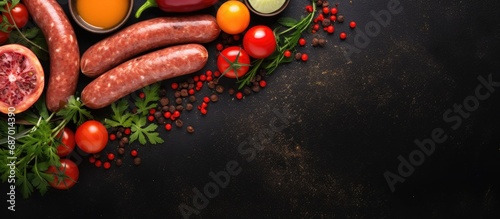 Ingredients for cooking, including raw sausages, on a black stone table seen from above.