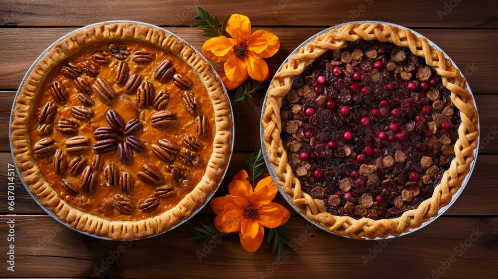 Pumpkin and pecan pies top view Pumpkin and pecan pies top view