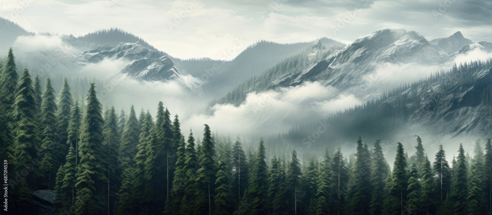 Simplified alpine forest scenery with coniferous trees, rocks, and mist.