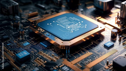 Electronic circuit board processor chip zoom in