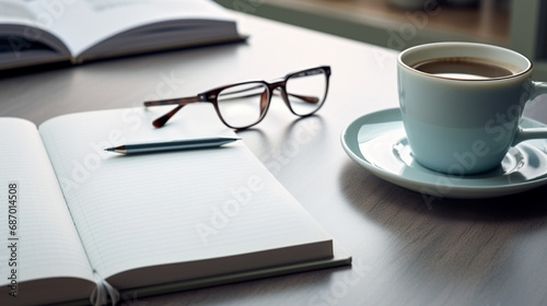 cup of coffee and notes book on a desk