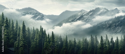 Simplified alpine forest scenery with coniferous trees  rocks  and mist.
