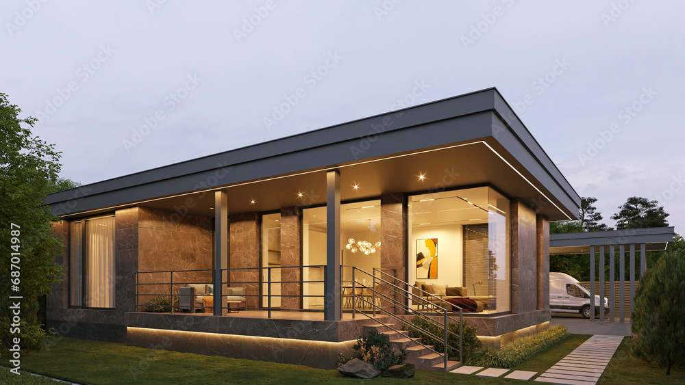 3D visualization of a modern house with a garage and carport. Beautiful architecture. Flat roof house