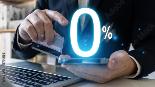 Zero Percentage for special offer of shopping department store discount, payment, interest rate, boot sales, businessman hold credit card showing 0 percent.