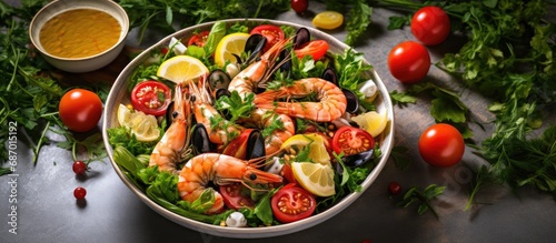 Mediterranean seafood salad with shrimp, mussels, citrus fruits, greens.