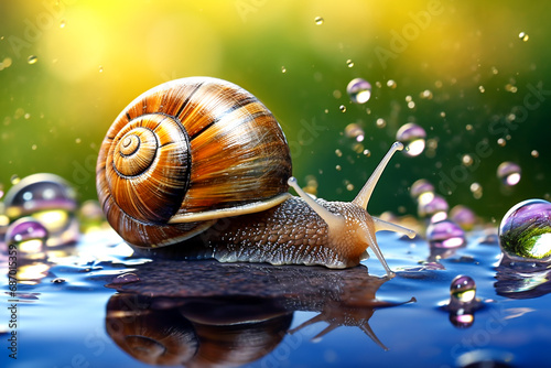 A snail crawls along a wet surface in drops of water. close-up