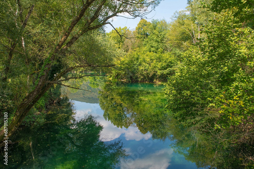 The River Una as it flows through Japod Islands, or Japodski Otoci, near Bihac in the Una National Park. Una-Sana Canton, Federation of Bosnia and Herzegovina. Early September