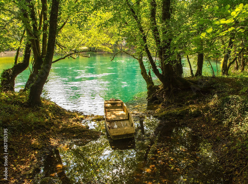 The River Una as it flows through Japod Islands, or Japodski Otoci, near Bihac in the Una National Park. Una-Sana Canton, Federation of Bosnia and Herzegovina. Early September