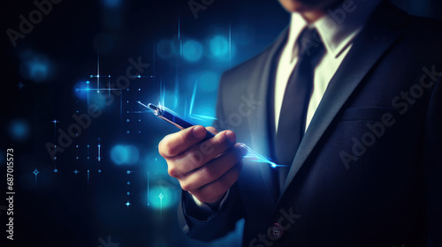 Close up of businessman holding a pen with high tech concept on background