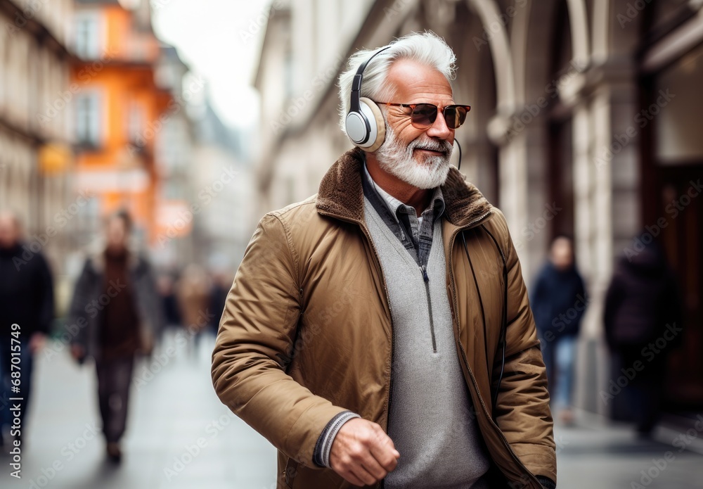 Happy and Smiling Senior Man on the Street Listening to Music with Headphones. Senior Person Enjoying Life Outdoors. Generative AI. Happy and Smiling Senior Man on the Street Listening to Music with Headphones. Senior Person Enjoying Life Outdoors. Generative AI.