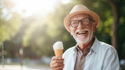 A Happy and Smiling Senior Man with Positive Emotion Having an Ice Cream on a Hot Summer Day. Summer Vacation in the City. Concept of Happy Pensioners. Generative AI. photo