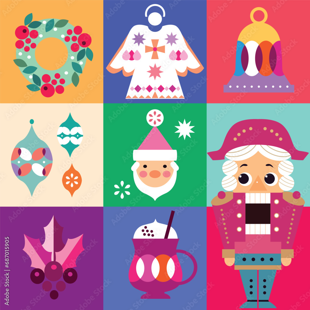 Fototapeta premium Merry Christmas and Happy New Year 2024 holiday template design banner, poster, card, cover Gifts, Santa, ball toy, christmas tree, snowflake Modern Xmas flat cartoon cute vector illustration