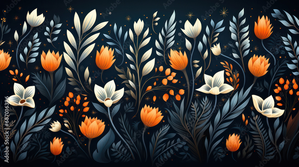 Blue and Orange Pattern Design Background - A Captivating Fusion of Colors in Elegant Blooms. Blue and Orange Pattern Design Background - A Captivating Fusion of Colors in Elegant Blooms.