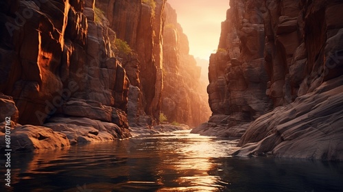 The water and stone in the canyon gorge, lit and shadowed by the setting sun. discerning attention