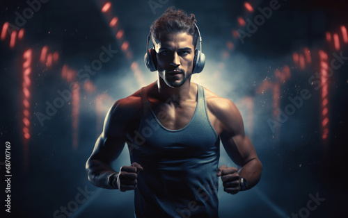 Athletic man in grey tank top wearing headphones at the gym with red bokeh. AI