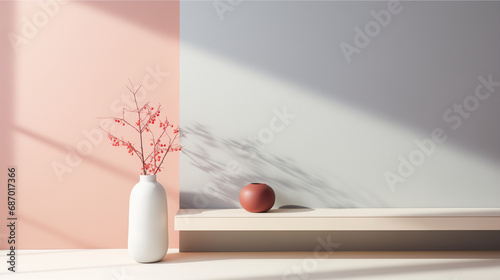 Minimal interior design of a stylish pastel room. Blank pink and blue wall with white shelf,  white ceramic vase with flowers, pink vase. Sunlight cast on wall. Empty wall mock up background. 