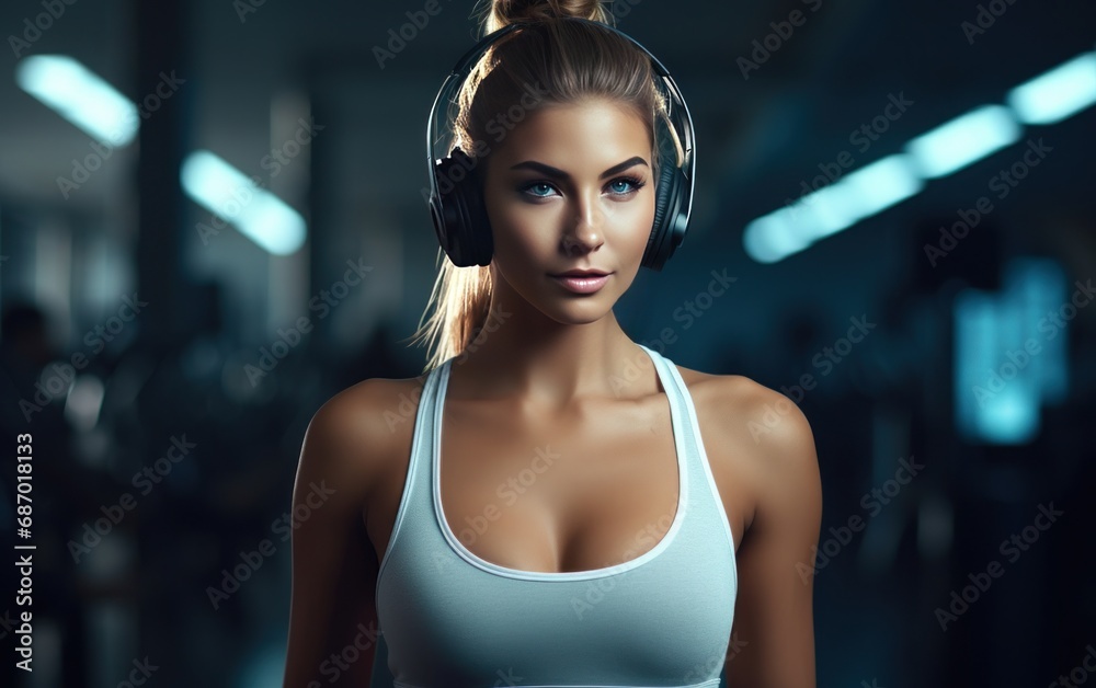 Fitness girl in a white top with headphones in gym. AI