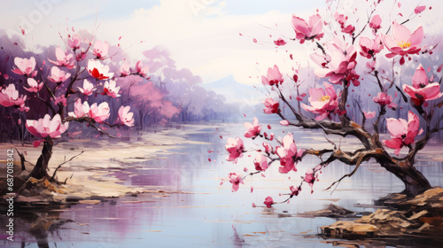Beautiful spring landscape with blooming Sakura flowers.