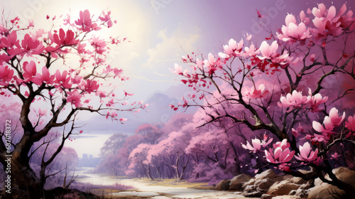 Beautiful spring landscape with blooming trees and lakes.