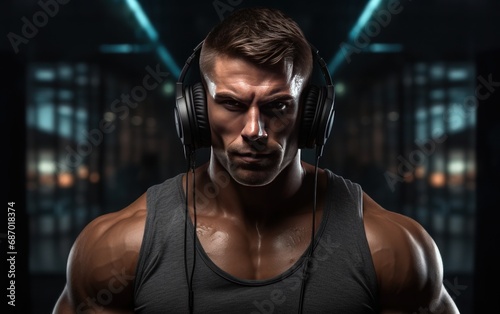 Athletic man in grey tank top wearing headphones at the gym. AI