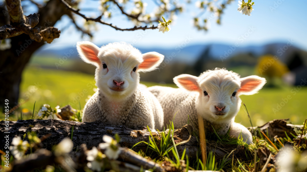 Two cute little lambs on a spring meadow with blooming flowers.