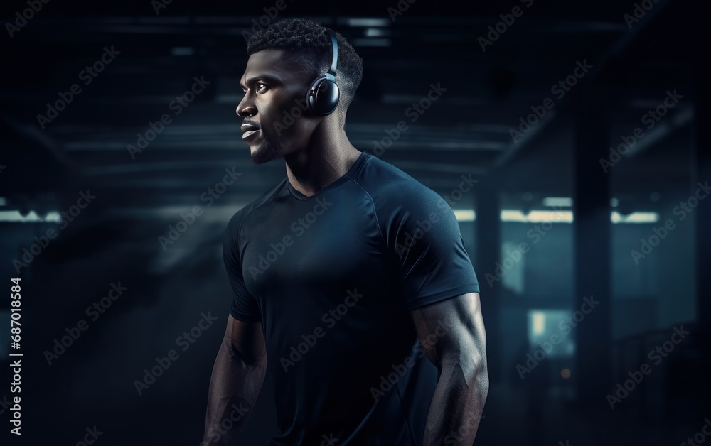 Athletic African American man in black t-shirt wearing headphones at the gym. AI