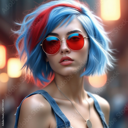 A woman with blue hair and red sunglasses. ai generative © Big