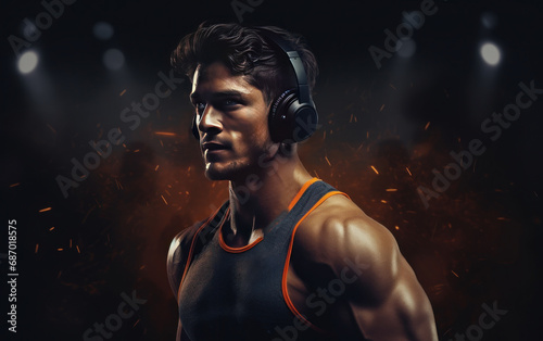 Athletic man in black tank top in headphones on a fiery and black background. AI