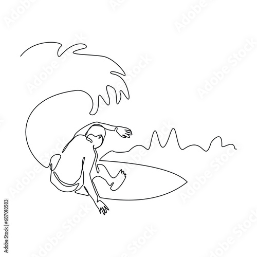 Continuous single line sketch drawing of professional surfing athlete man ride surfboard on big wave. One line art of extreme sport surfer on beach summer vector illustration