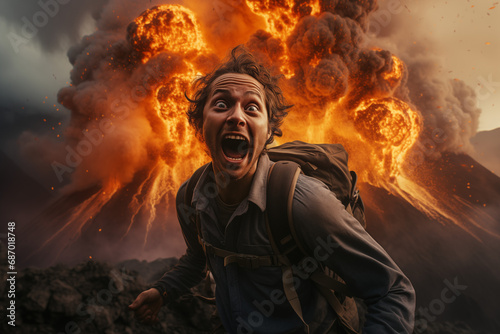 young hiking guy poses beside the erupting volcano