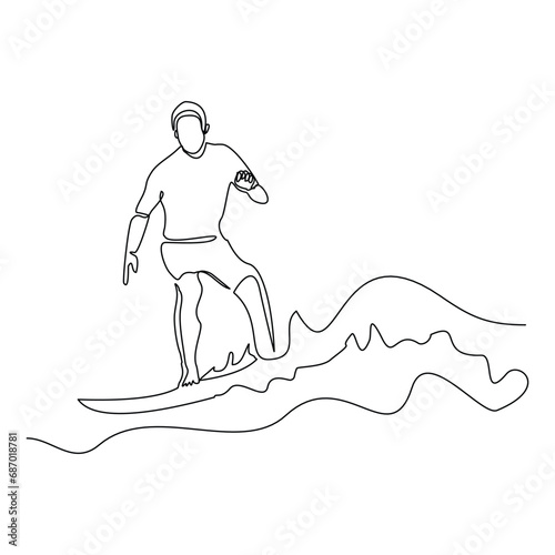 Continuous single line sketch drawing of professional surfing athlete man ride surfboard on big wave. One line art of extreme sport surfer on beach summer vector illustration