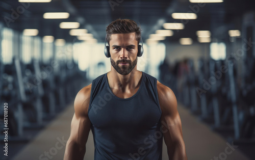 Athletic man in blue tank top wearing headphones at the gym. AI