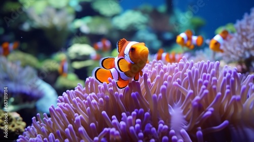 Vibrant Clownfish concealed within their host anemone on a tropical reef