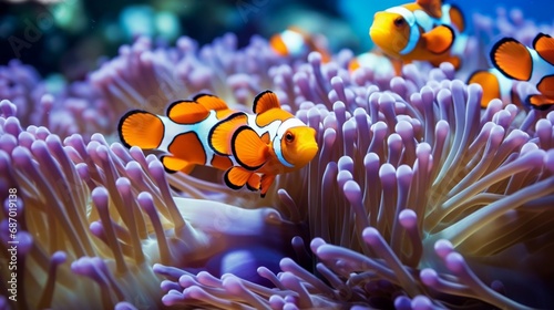 Vibrant Clownfish concealed within their host anemone on a tropical reef © juni studio