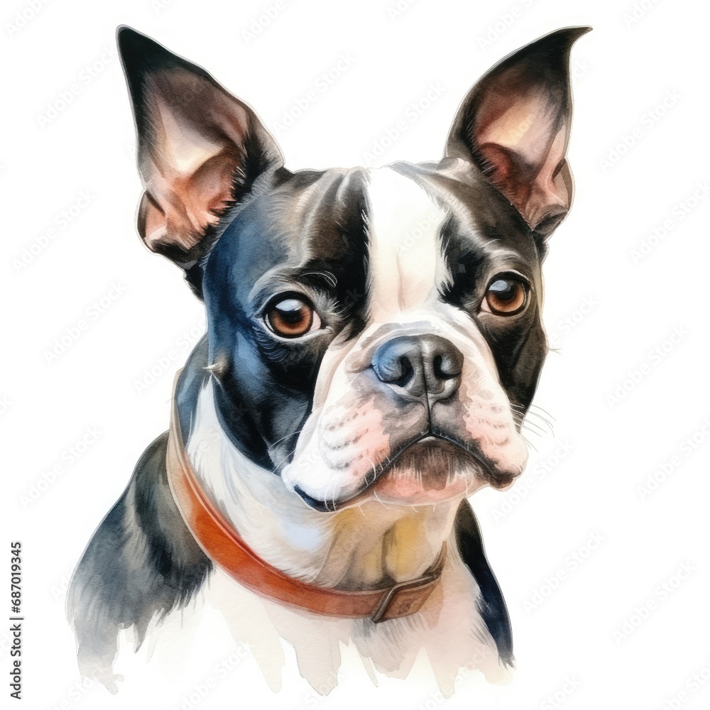 Realistic Boston Terrier Watercolor Portrait