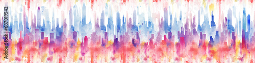 Seamless pattern. panorama of a big city. Watercolor abstract painting. Wide banner. Drops, splashes silhouette. Poster, business card, invitation, flyer, banner, header. Generative AI Content