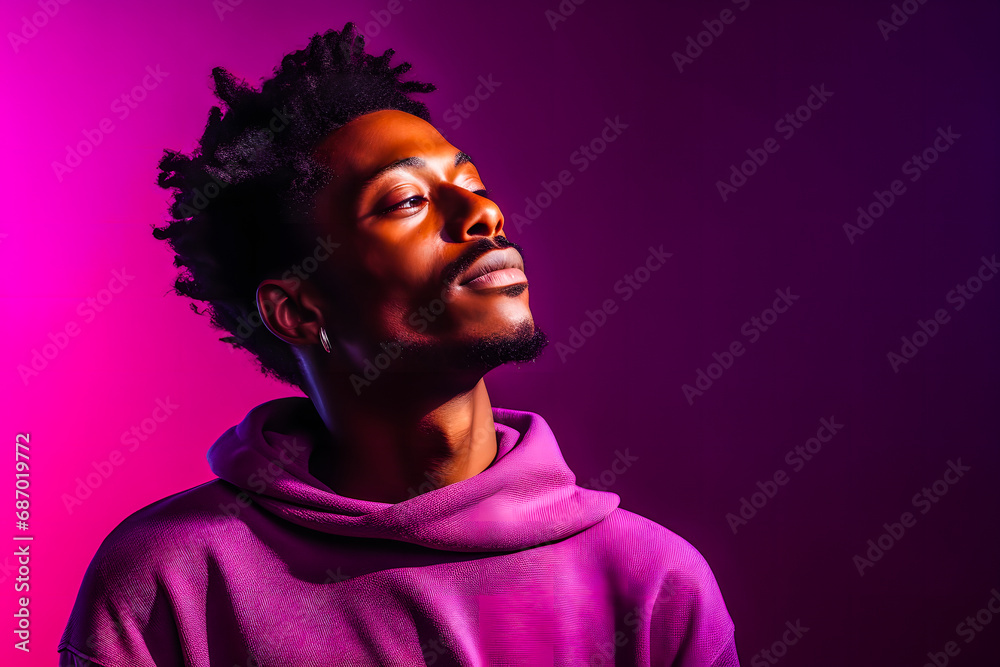 Portrait d'un jeune homme noir souriant sur fond violet