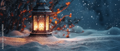 Warm Glowing Lantern in a Snowy Winterwonderland