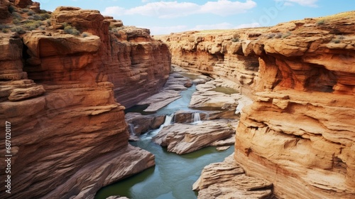 viewpoint of the canyon s waterfall. beautiful eroded rock formations. A view of the canyon s river. a natural waterfall landscape. Gorgeous scenery in the Red Valley. photography of landscapes