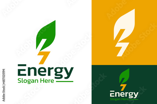 Simple Thunder Energy Power Leaf Leaves Green Energy Logo Design Branding Template